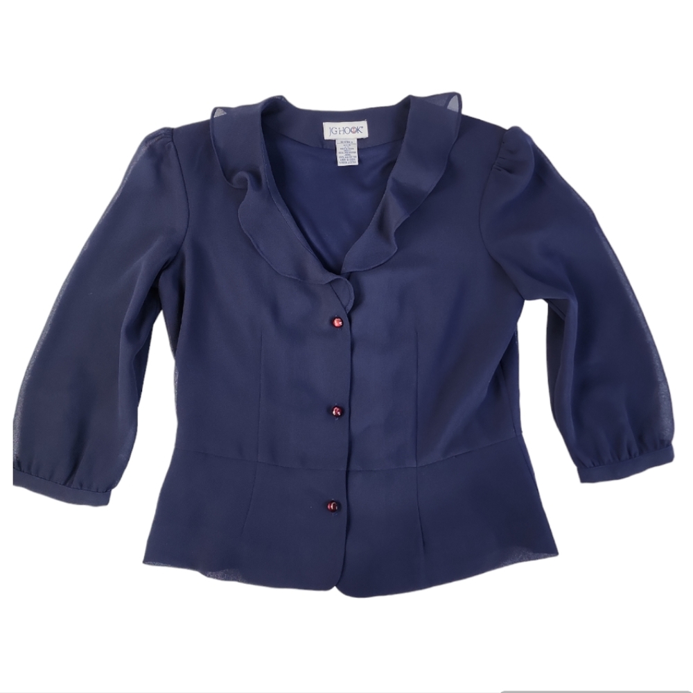 Vintage J.G Hook Button Cropped Blouse Women's Size 6 Navy 3/4 Sleeve